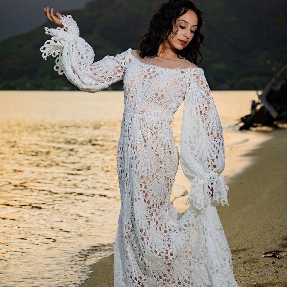 BOHO LACE MERMAID WEDDING DRESS WITH OFF THE SHOULDER BISHOP PUFFY SLEEV…